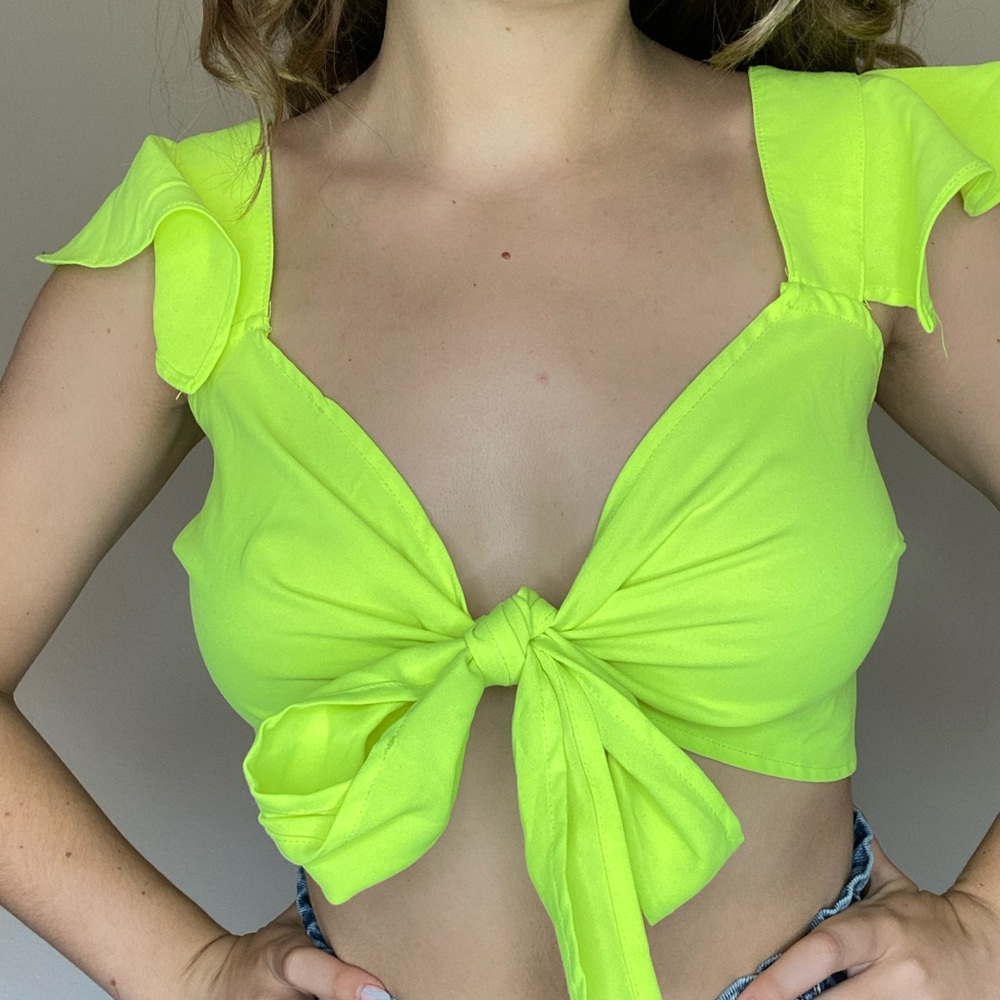 White Fox Neon Green Tie Blouse